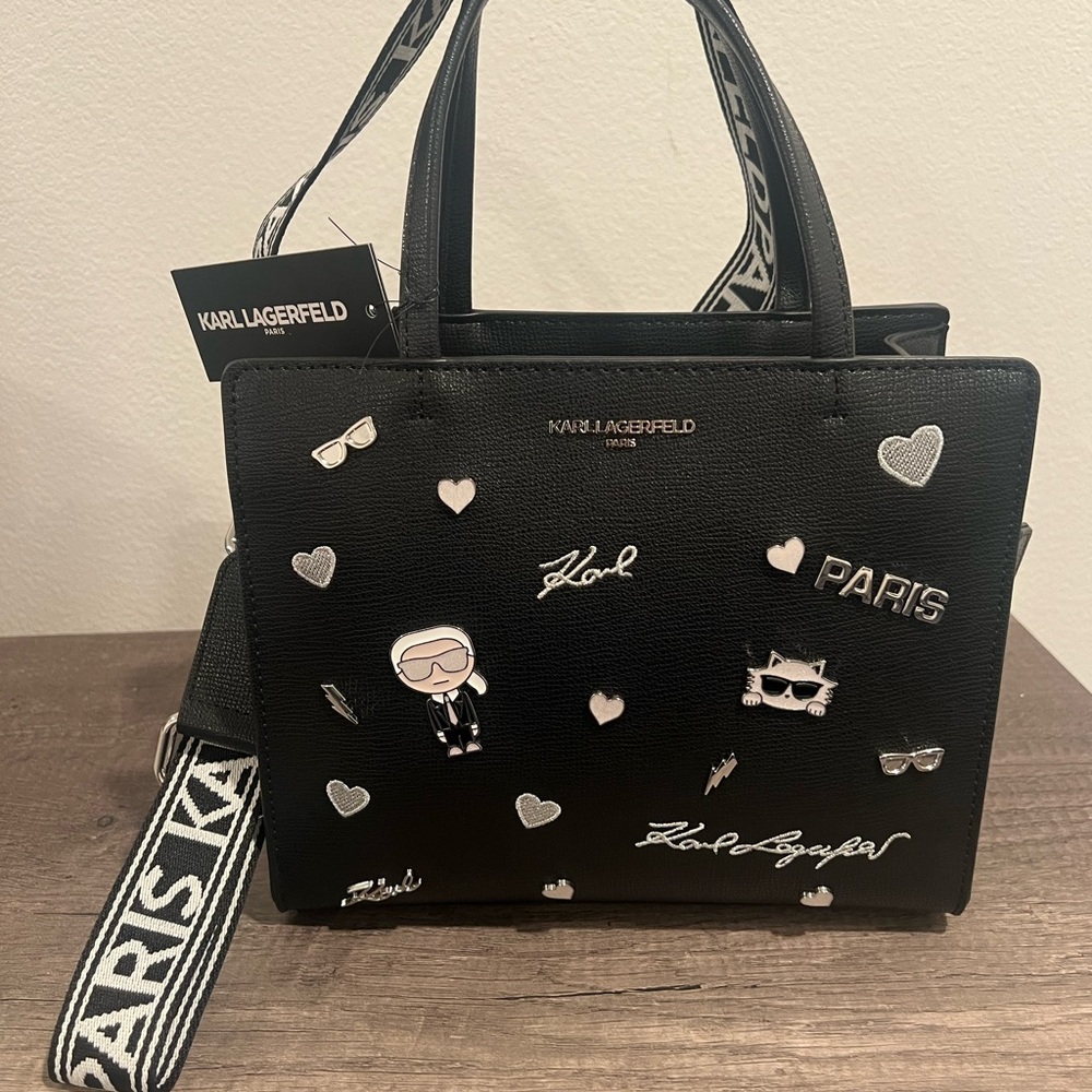 Karl Lagerfeld Black Satchel with Silver Accents W/ Guitar Strap